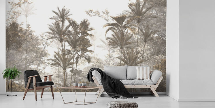 Dark brown rainforest jungle palm trees with a bright white sky wallpaper