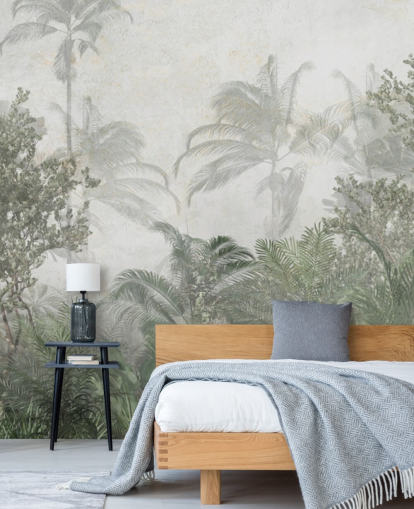 Árvores altas da selva verde tropical em uma selva com um papel de parede de neblina suave Árvores altas da selva verde tropical em uma selva com um papel de parede de neblina suave