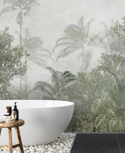 Høje tropiske grønne jungle træer i en jungle med en blød dis tapet Høje tropiske grønne jungle træer i en jungle med en blød dis tapet