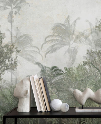 Hohe tropische grüne Dschungelbäume in einem Dschungel mit einer weichen Dunsttapete Hohe tropische grüne Dschungelbäume in einem Dschungel mit einer weichen Dunsttapete