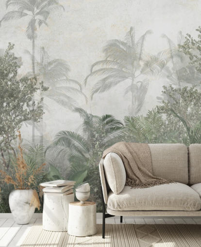 Árvores altas da selva verde tropical em uma selva com um papel de parede de neblina suave Árvores altas da selva verde tropical em uma selva com um papel de parede de neblina suave