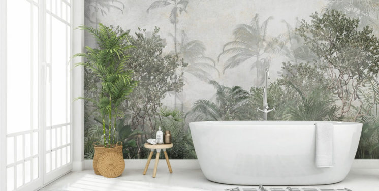 Hoge tropische groene junglebomen in een jungle met een zacht nevelbehang