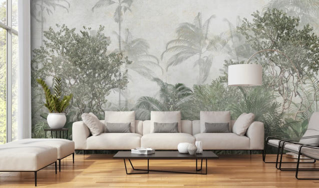 Tall tropical green jungle trees in a jungle with a soft haze wallpaper