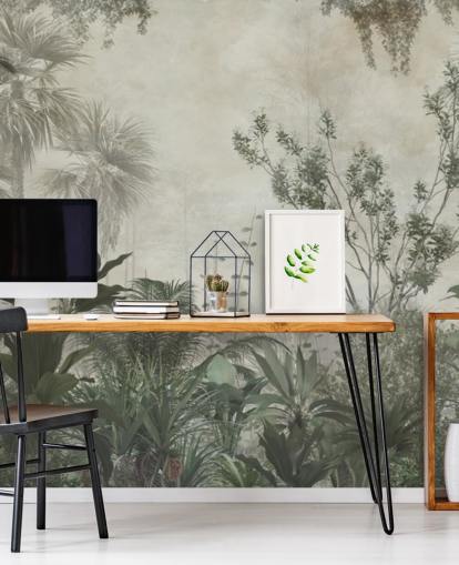 Dark green tropical palm trees in a jungle with a light beige sky wallpaper Dark green tropical palm trees in a jungle with a light beige sky wallpaper