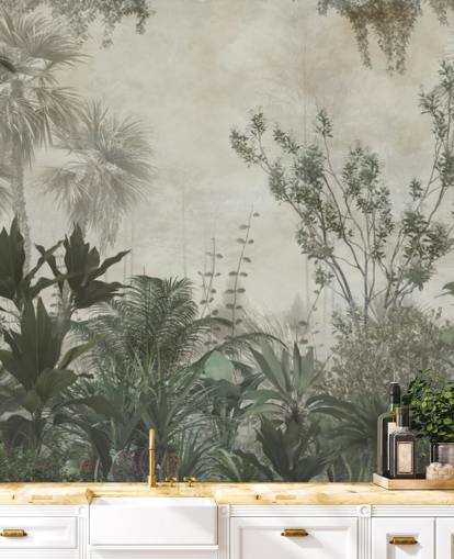 Palmeiras tropicais verde-escuras em uma selva com um papel de parede de céu bege claro Palmeiras tropicais verde-escuras em uma selva com um papel de parede de céu bege claro