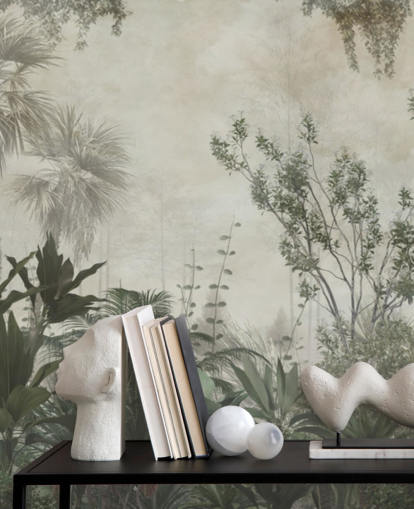 Palme tropicali verde scuro in una giungla con una carta da parati con cielo beige chiaro Palme tropicali verde scuro in una giungla con una carta da parati con cielo beige chiaro