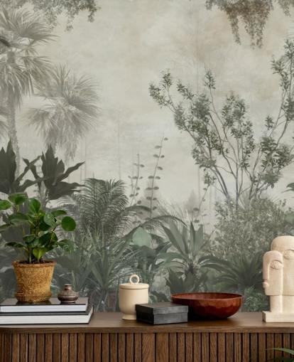 Mørkegrønne tropiske palmer i en jungle med en lys beige himmel tapet Mørkegrønne tropiske palmer i en jungle med en lys beige himmel tapet