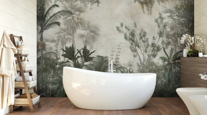 Donkergroene tropische palmbomen in een jungle met een lichtbeige hemelbehang