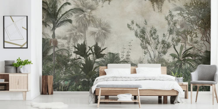 Palmiers tropicaux vert foncé dans une jungle avec un papier peint de ciel beige clair