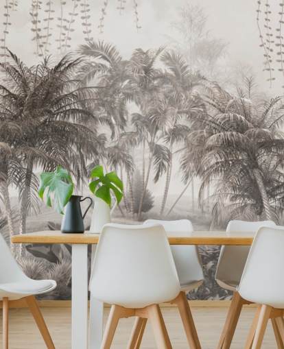 Muted, sepia jungle landscape with tropical palm trees and bushes wallpaper Muted, sepia jungle landscape with tropical palm trees and bushes wallpaper