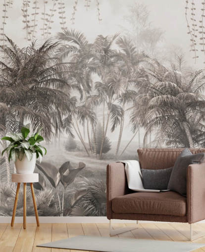 Papel pintado de paisaje selvático sepia con palmeras y arbustos tropicales Papel pintado de paisaje selvático sepia con palmeras y arbustos tropicales