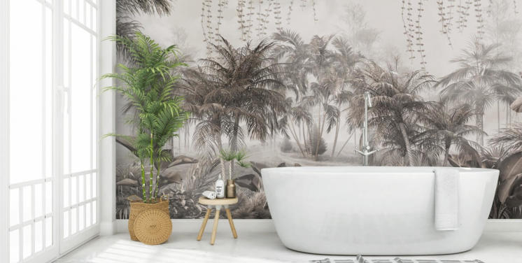 Muted, sepia jungle landscape with tropical palm trees and bushes wallpaper