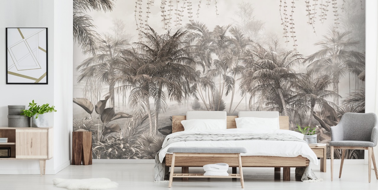 Muted, sepia jungle landscape with tropical palm trees and bushes wallpaper Muted, sepia jungle landscape with tropical palm trees and bushes wallpaper