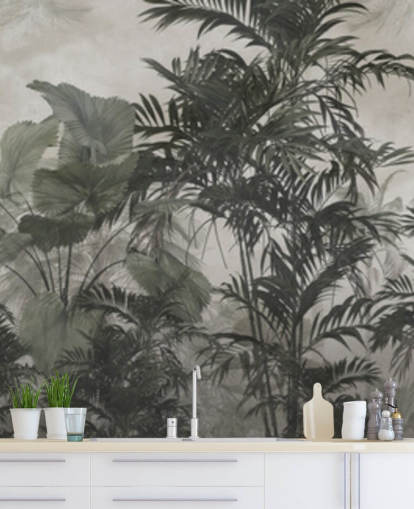 Papier peint d'arbres de la jungle vert foncé et noir Papier peint d'arbres de la jungle vert foncé et noir
