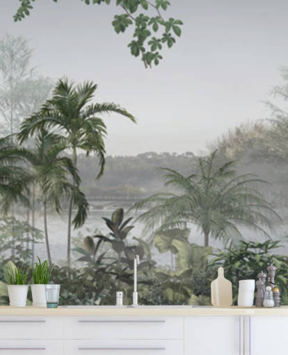 Carta da parati panoramica verde con alberi e paesaggio della giungla tropicale Carta da parati panoramica verde con alberi e paesaggio della giungla tropicale