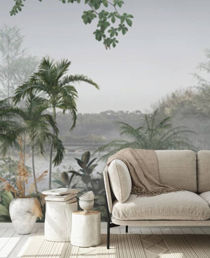 Groen panoramisch behang met tropische junglebomen Groen panoramisch behang met tropische junglebomen