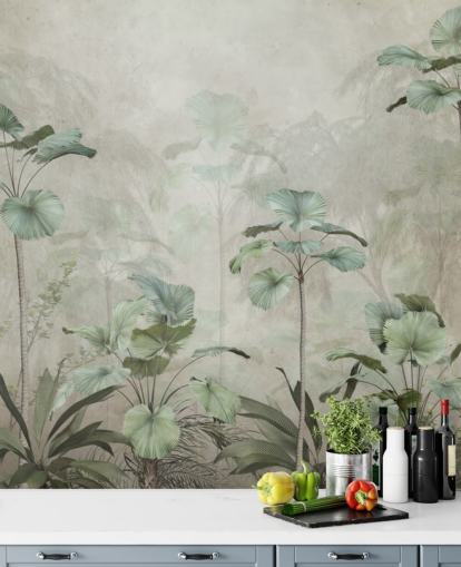 Vintage beige bakgrunn med dempet grønne tropiske høye trær tapet Vintage beige bakgrunn med dempet grønne tropiske høye trær tapet