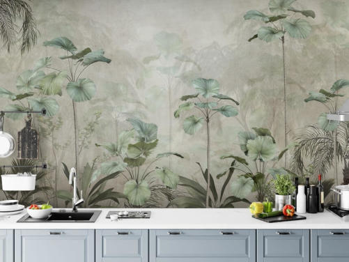 Papel pintado de fondo beige vintage con árboles altos tropicales de color verde apagado
