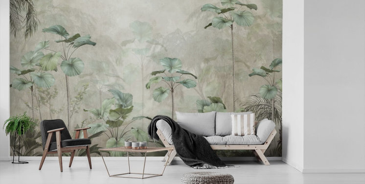 Fond beige vintage avec papier peint vert tamisé de grands arbres tropicaux