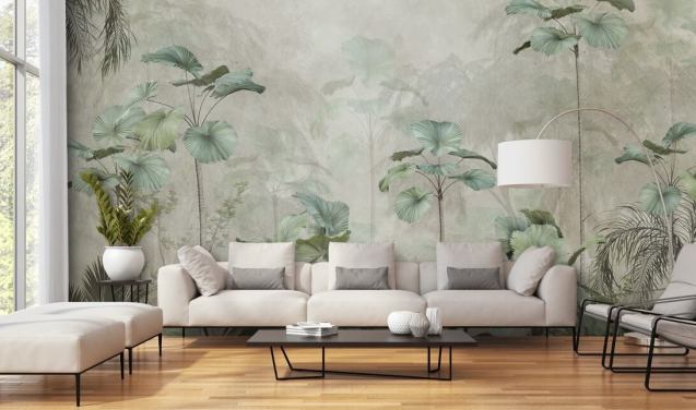 Vintage beige achtergrond met gedempt groen behang met tropische hoge bomen