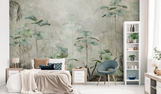 Vintage beige background with muted green tropical tall trees wallpaper