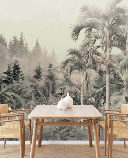 Papier peint de paysage de jungle verte brumeuse et d'arbres tropicaux Papier peint de paysage de jungle verte brumeuse et d'arbres tropicaux