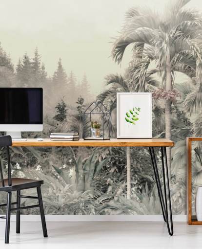 Carta da parati con paesaggio verde nebbioso e smorzato, giungla e alberi tropicali Carta da parati con paesaggio verde nebbioso e smorzato, giungla e alberi tropicali