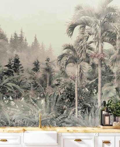 Hazy and muted green jungle and tropical trees landscape wallpaper Hazy and muted green jungle and tropical trees landscape wallpaper