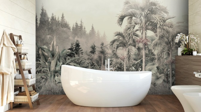 Hazy and muted green jungle and tropical trees landscape wallpaper