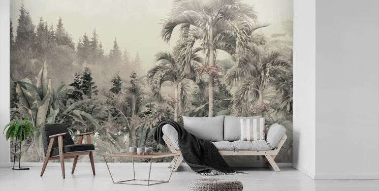 Fondo de pantalla de paisaje de selva verde brumoso y apagado y árboles tropicales