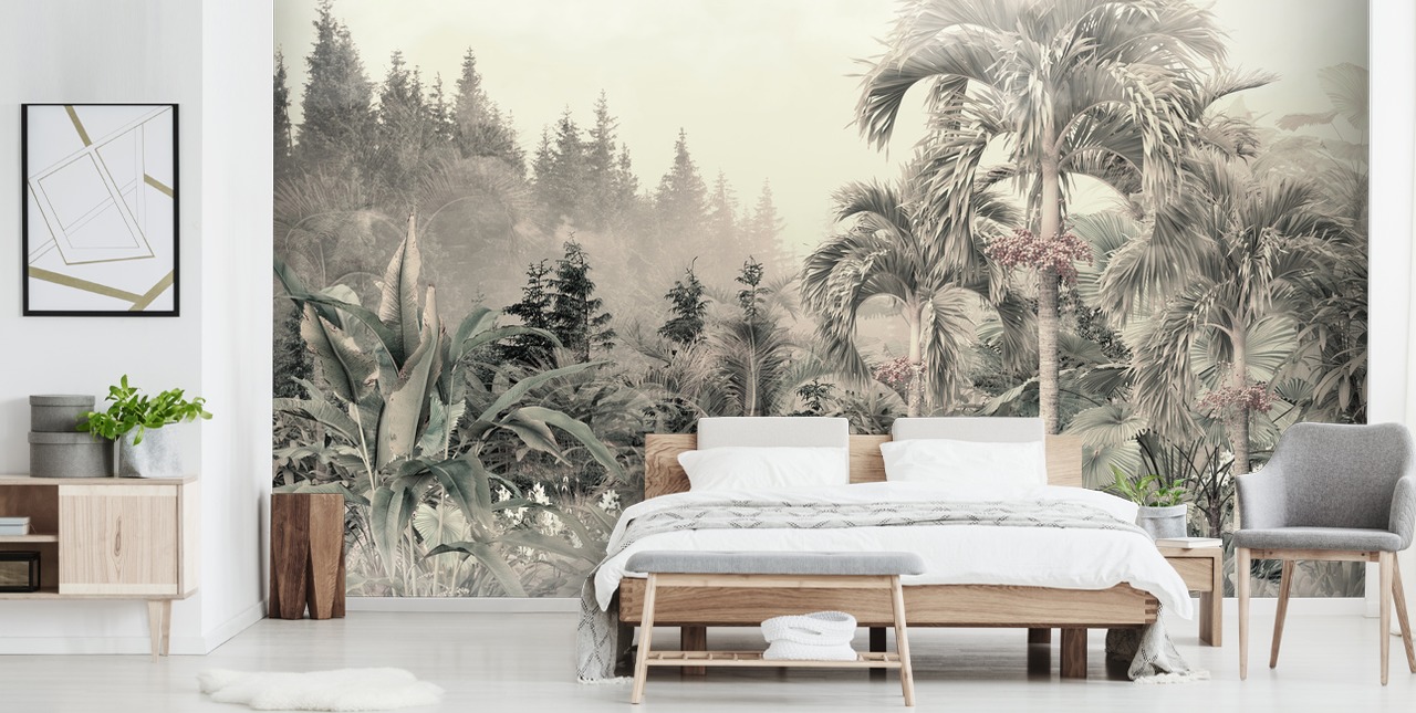 Hazy and muted green jungle and tropical trees landscape wallpaper