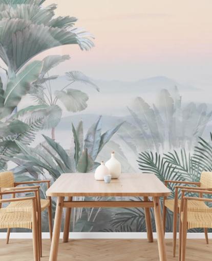 groene en roze aanpasbare tropische jungle behangmuurschildering genaamd Tranquil Jungle voor badkamers groene en roze aanpasbare tropische jungle behangmuurschildering genaamd Tranquil Jungle voor badkamers