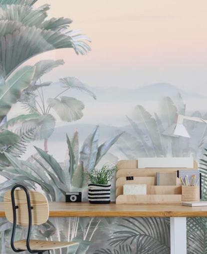 papier peint mural personnalisable vert et rose de la jungle tropicale appelé Tranquil Jungle pour salles de bain papier peint mural personnalisable vert et rose de la jungle tropicale appelé Tranquil Jungle pour salles de bain