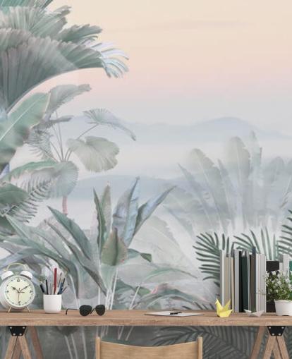 mural de papel de parede de selva tropical personalizável verde e rosa chamado Tranquil Jungle para banheiros mural de papel de parede de selva tropical personalizável verde e rosa chamado Tranquil Jungle para banheiros