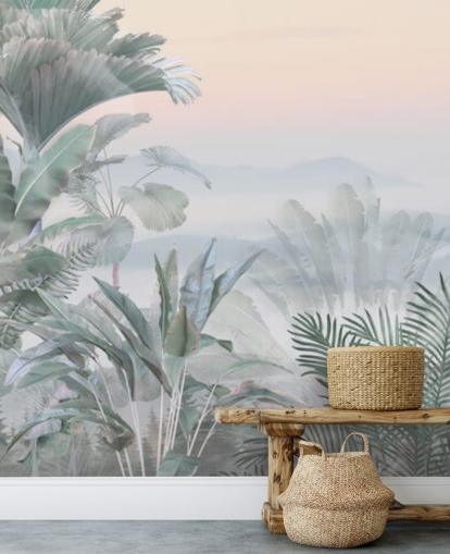 green and pink customisable tropical jungle wallpaper mural called Tranquil Jungle for bathrooms green and pink customisable tropical jungle wallpaper mural called Tranquil Jungle for bathrooms