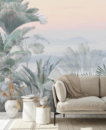 papier peint mural personnalisable vert et rose de la jungle tropicale appelé Tranquil Jungle pour salles de bain papier peint mural personnalisable vert et rose de la jungle tropicale appelé Tranquil Jungle pour salles de bain