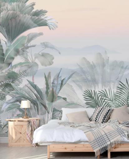 groene en roze aanpasbare tropische jungle behangmuurschildering genaamd Tranquil Jungle voor badkamers groene en roze aanpasbare tropische jungle behangmuurschildering genaamd Tranquil Jungle voor badkamers