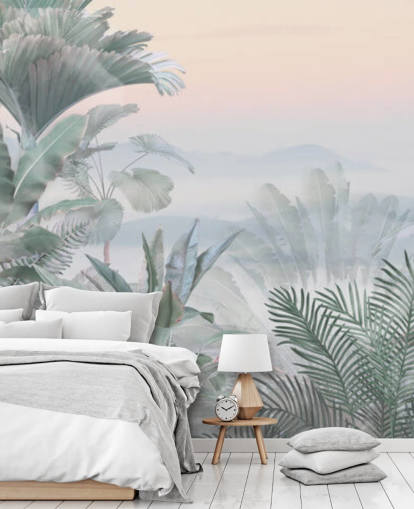 green and pink customisable tropical jungle wallpaper mural called Tranquil Jungle for bathrooms green and pink customisable tropical jungle wallpaper mural called Tranquil Jungle for bathrooms