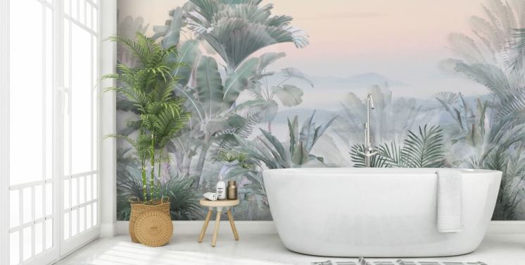 mural de papel de parede de selva tropical personalizável verde e rosa chamado Tranquil Jungle para banheiros