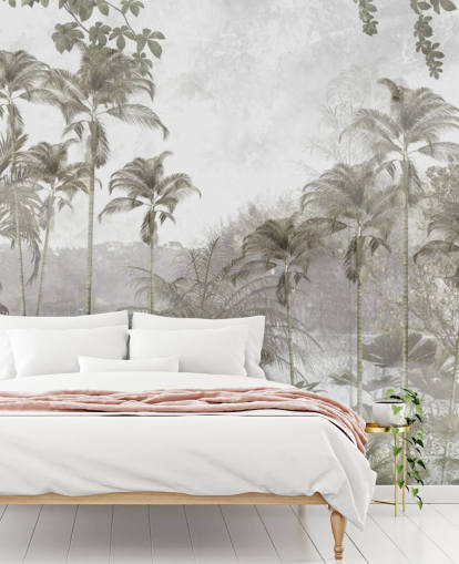 Muted green jungle wallpaper with tall tropical palm trees Muted green jungle wallpaper with tall tropical palm trees
