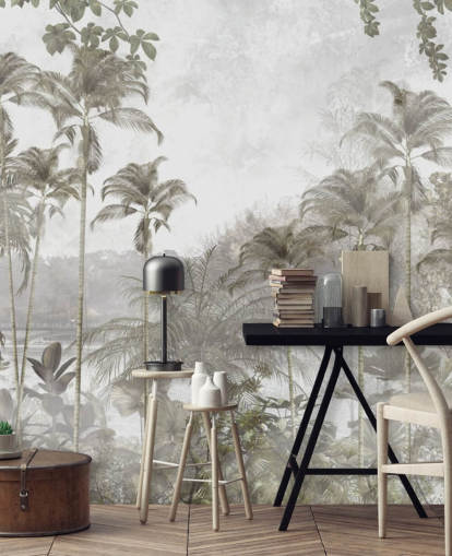 Muted green jungle wallpaper with tall tropical palm trees Muted green jungle wallpaper with tall tropical palm trees