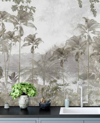 Muted green jungle wallpaper with tall tropical palm trees Muted green jungle wallpaper with tall tropical palm trees