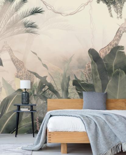 Muted green jungle trees and palm trees with a light cream haze with giraffes wallpaper Muted green jungle trees and palm trees with a light cream haze with giraffes wallpaper