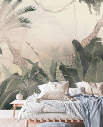 Muted green jungle trees and palm trees with a light cream haze with giraffes wallpaper Muted green jungle trees and palm trees with a light cream haze with giraffes wallpaper