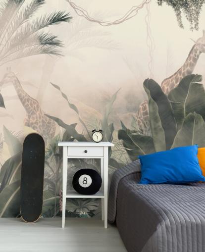 Muted green jungle trees and palm trees with a light cream haze with giraffes wallpaper Muted green jungle trees and palm trees with a light cream haze with giraffes wallpaper