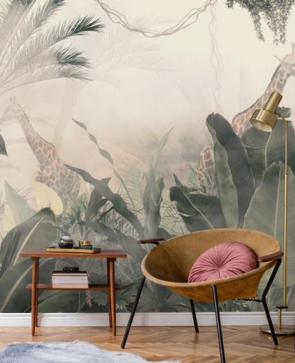 Muted green jungle trees and palm trees with a light cream haze with giraffes wallpaper Muted green jungle trees and palm trees with a light cream haze with giraffes wallpaper