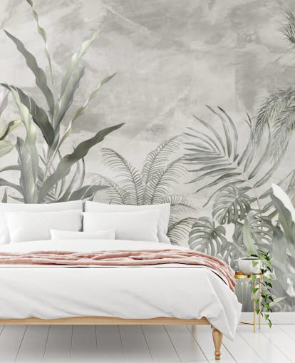 Green and grey jungle leaves and branches on a misty wallpaper Green and grey jungle leaves and branches on a misty wallpaper