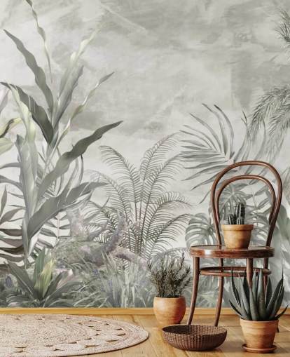 Grøn og grå jungle blade og grene på en tåget tapet Grøn og grå jungle blade og grene på en tåget tapet