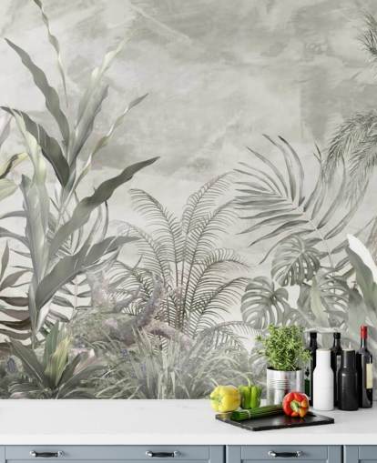 Foglie e rami della giungla verdi e grigi su una carta da parati nebbiosa Foglie e rami della giungla verdi e grigi su una carta da parati nebbiosa