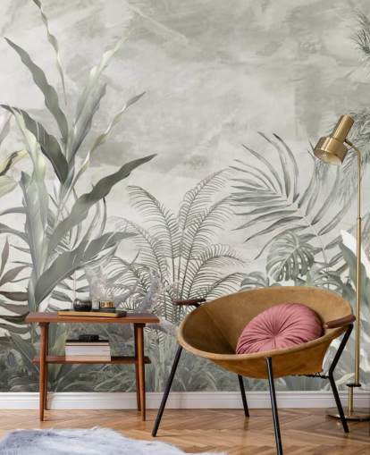 Hojas y ramas de selva verdes y grises sobre un fondo de pantalla brumoso Hojas y ramas de selva verdes y grises sobre un fondo de pantalla brumoso